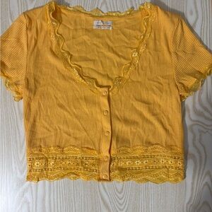 Free-People Yellow Lace Trim Button-Up Top